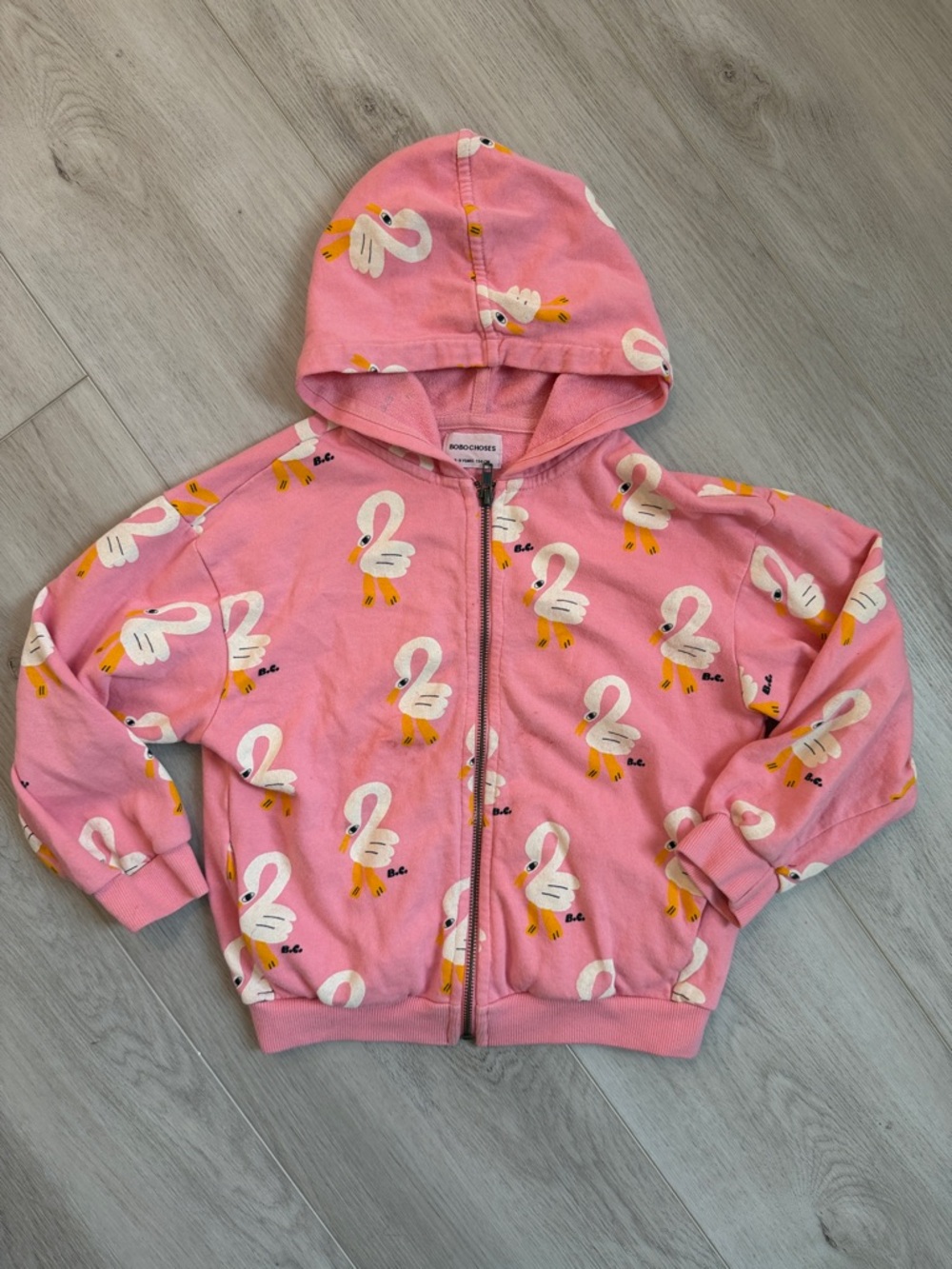 BOBO CHOSES Pink Swan Zip Hoodie Organic Cotton Size 8